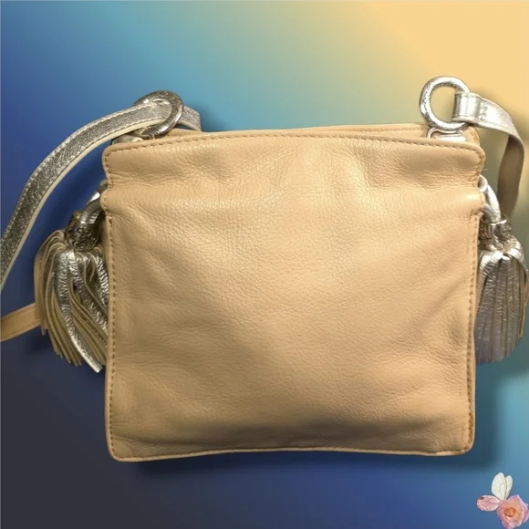 Vintage Brighton Leather Crossbody Bag Beige Silver Tassel Purse